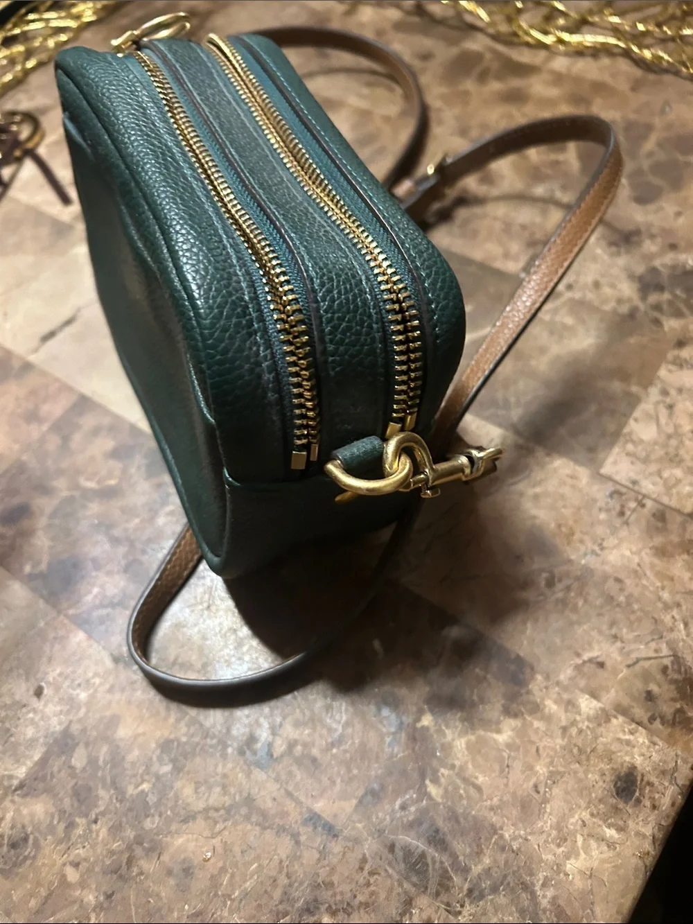 Tory Burch Dark Green Pebbled Leather Crossbody Camera Bag with Brown Strap